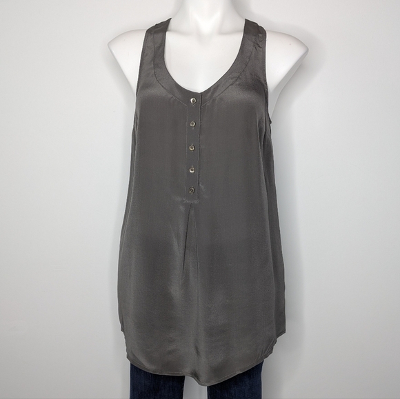 Anthro Odille Grey Sleeveless 1/3 Button Scoop Neck Silk Tank Top Blouse 6 - Picture 1 of 7